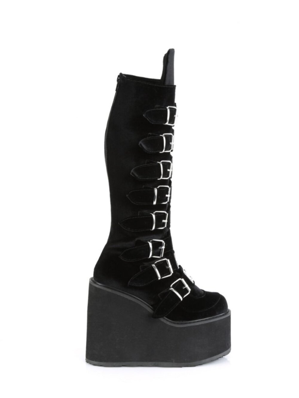 Black Velvet Knee High Boots with 8 Buckle Straps